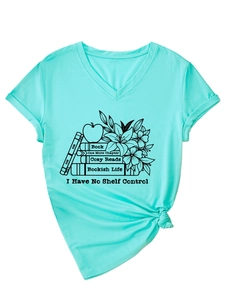 Detail of V-neck mint green T-shirt with Bookish Life graphic and front knot detail