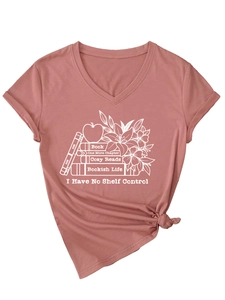 Detail of V-neck pink t-shirt with bookish graphic print and stylish front knot