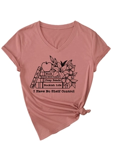 Detail of V-neck T-shirt showing floral book print and stylish front hem knot
