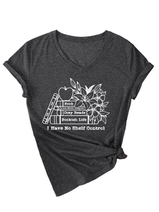 Detail of V-neck T-shirt showing knotted hem and Bookish Life floral graphic print