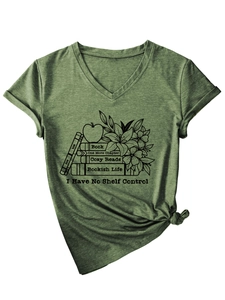 Detail of heather green V-neck T-shirt with bookish graphic print and knotted hem design