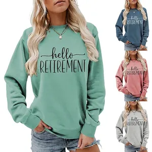 Hello Retirement Print Sweatshirt Pure Cotton Crew Neck Long Sleeve Casual Loose Pullover Women Clothing
