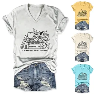 Women V Neck T-Shirt Cotton Blend Short Sleeve Bookish Graphic Print Literary Reading Theme Casual Top