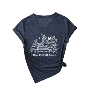 Women's V-neck dark grey t-shirt with books and flowers graphic print and rolled sleeves