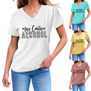 Detail of V-neck cotton T-shirt featuring May Contain Alcohol print in four colors