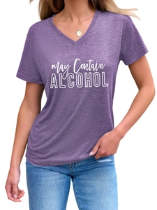 Detail of purple V-neck T-shirt featuring May Contain Alcohol white graphic lettering