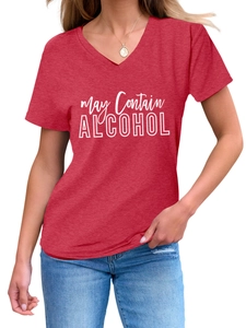 Detail of V-neck short sleeve T-shirt in dark red with May Contain Alcohol slogan