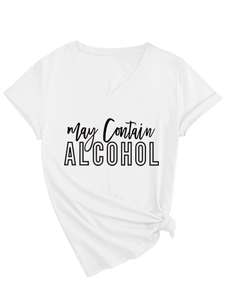 Detail of V-neck white cotton t-shirt featuring May Contain Alcohol script print design