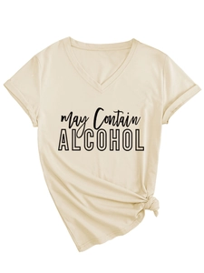 Detail of V-neck short sleeve T-shirt with May Contain Alcohol slogan and knot hem