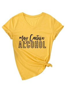 Detail of V-neck ginger cotton T-shirt with May Contain Alcohol text print and side knot