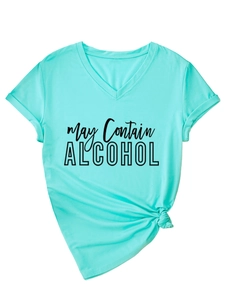 Detail of mint green V-neck T-shirt with May Contain Alcohol text and side-tie knot detail
