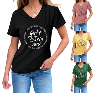 Detail showing various colors of V-neck T-shirts with Girl's Trip 2026 graphic print