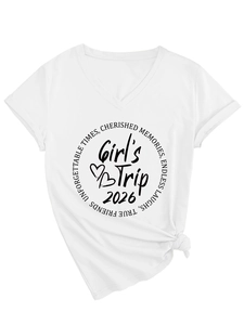 Close-up of white V-neck T-shirt with Girl's Trip 2026 print and side knot detail