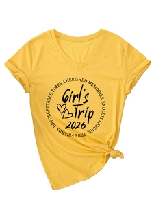 Detail of V-neck ginger T-shirt featuring Girl's Trip 2026 print and front knot detail