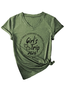 Detail of army green V-neck T-shirt with Girl's Trip 2026 print and front knot design