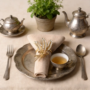Golden wheat ear napkin ring with crystal rhinestones and bow on beige linen napkin