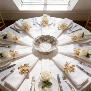 Detail of gold leaf napkin rings with pearls arranged symmetrically on a dining table