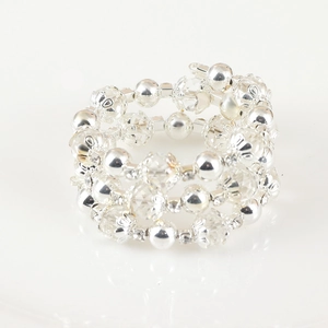 Three-layer beaded napkin ring with silver metal beads and clear crystal accents