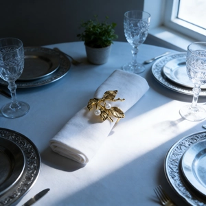 Detail of a golden branch napkin ring with white pearls on a white linen napkin