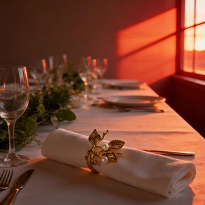 Close-up of golden leaf napkin ring with pearls in elegant sunset lighting setting
