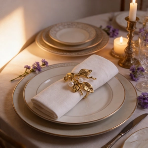 Detailed view of branch napkin ring with gold plating and two white pearls on a plate