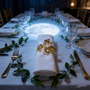 Macro detail of golden branch napkin ring with white pearls for elegant table settings