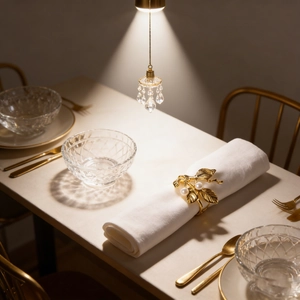 Detailed view of golden leaf napkin ring with pearls on a luxury table setting
