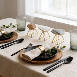 Three-piece marble and metal tripod napkin rings with elegant gold trim for table settings
