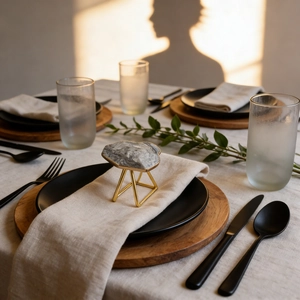Macro detail of marble napkin ring with gold metal trim and tripod stand on dining table