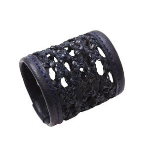 Dark blue braided leather napkin ring with cross-grid texture and contrast stitching