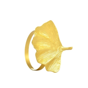 Golden ginkgo leaf napkin ring with detailed veins shown from a 45-degree angle