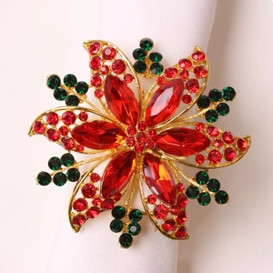 Ronds De Serviette De Noël Alliage De Zinc Fleur Creuse Strass Décoration De Table Mariage Banquet Élégant Rouge Vert Or