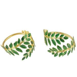 Golden metal napkin rings with green leaf design for wedding and banquet table decor