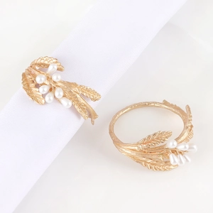 Eleganti Portatovaglioli A Spiga Di Grano Con Künstliche Perle Finte Fibbia A Foglia Di Metallo In Lega Di Zinco Oro Per Tavolo Da Banchetto