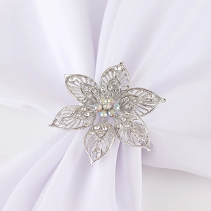 Silver Plated Zinc Alloy Hollow Flower Napkin Rings Sparkling Iridescent Rhinestones For Wedding Banquet Table Decorations