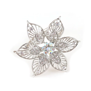 Elegant silver flower napkin ring with hollow petals and sparkling AB crystals