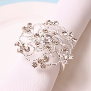 Elegant silver hollow flower napkin ring with rhinestones for wedding banquet decor