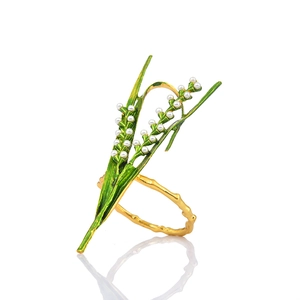 Artistic lily of the valley ring with green enamel leaves and white pearls on gold band