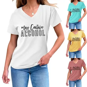 Women's V Neck Short Sleeve T-Shirt Cotton Blend Graphic Slogan Print May Contain Alcohol Casual Loose Fashion Top