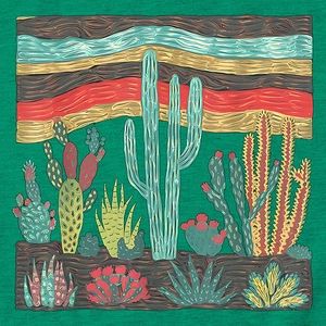 Detail of desert cactus and succulent illustration printed on green t-shirt fabric