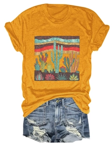 Detail of heathered yellow cactus t-shirt paired with distressed denim shorts