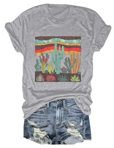Detail of grey crewneck T-shirt with cactus art print and distressed denim shorts set