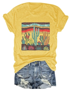 Detailed flat lay of ginger yellow desert cactus tee and distressed denim shorts set