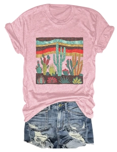 Detailed flat lay of desert cactus print t-shirt and distressed denim shorts outfit set