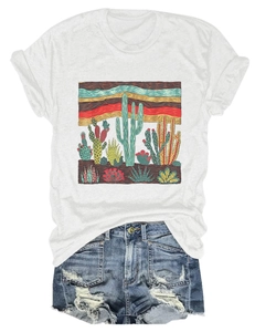 Detailed view of white cotton T-shirt featuring a colorful desert cactus graphic print