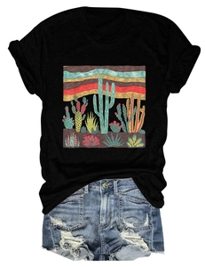 Detail of rolled cuffs and vintage desert cactus print on a black cotton t-shirt