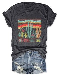 Macro detail of desert cactus print on dark grey cotton T-shirt with rolled sleeves