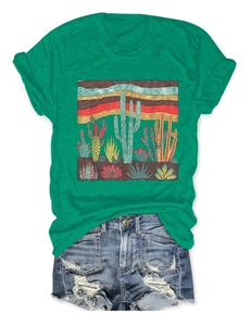Detailed view of women cactus graphic tee and ripped denim shorts summer outfit set