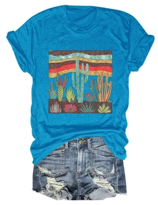 Royal blue desert cactus T-shirt paired with distressed denim shorts for casual style