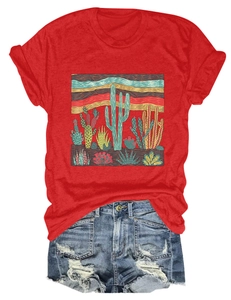 Detail of red crew neck T-shirt featuring a retro desert cactus print on soft cotton fabric